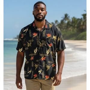 Hibiscus Men Vintage 90s Hawaiian Black Tropical Floral Button-Up Shirt Size XXL